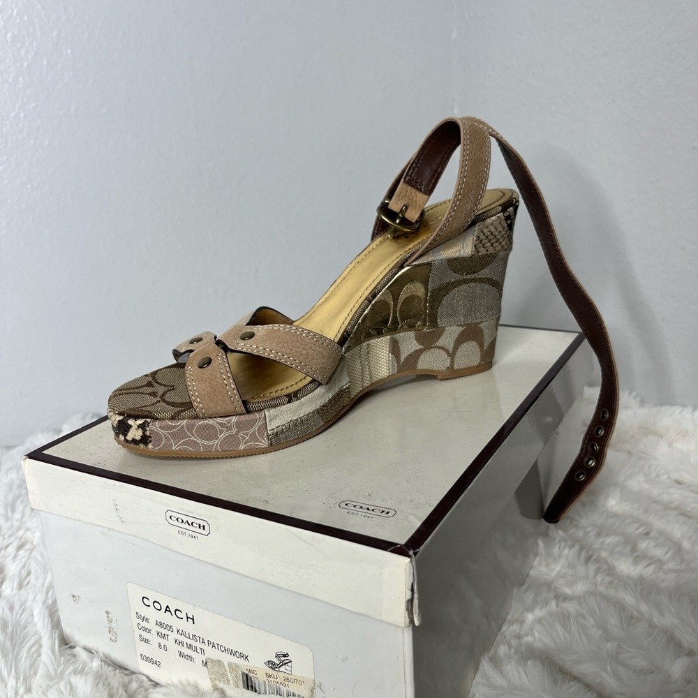 Coach Cream and Brown Wedge Sandals with Ankle Strap